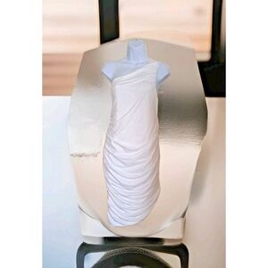 Marthea Bodycon Dress XXL White One Shoulder Ruched Midi Side Zip Asymmetric NWT